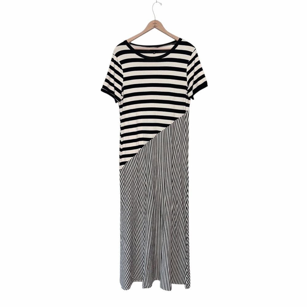Who What Wear Asymmetrical Striped Short Sleeve Maxi Dress Black And Cream Small
